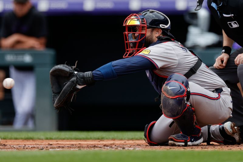 Aug 11, 2024; Denver, Colorado, USA; Atlanta Braves catcher Travis d'Arnaud (16) in the second inning against the Colorado Rockies at Coors Field. Mandatory Credit: Isaiah J. Downing-USA TODAY Sports