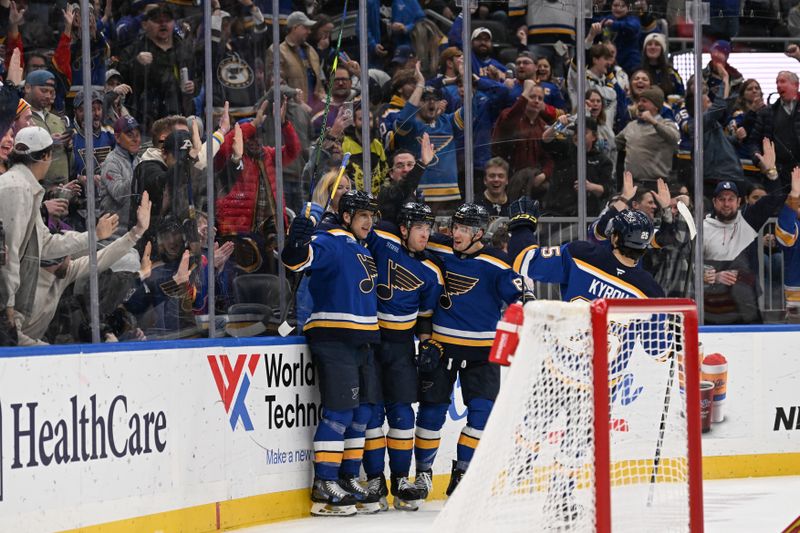 Jan 16, 2025; St. Louis, Missouri, USA; St. Louis Blues center Brayden Schenn (10) is congratulated after scoring a goal against the Calgary Flames in the second period at Enterprise Center. Mandatory Credit: Joe Puetz-Imagn Images