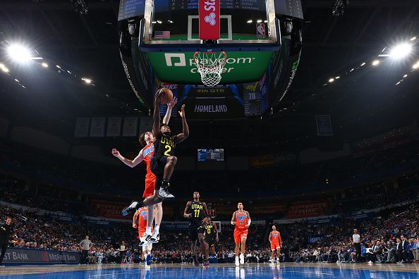 OKLAHOMA CITY, OK - DECEMBER 11: Colin Sexton #2 of the Utah Jazz drives to the basket during the game against the Oklahoma City Thunder on December 11, 2023 at Paycom Arena in Oklahoma City, Oklahoma. NOTE TO USER: User expressly acknowledges and agrees that, by downloading and or using this photograph, User is consenting to the terms and conditions of the Getty Images License Agreement. Mandatory Copyright Notice: Copyright 2023 NBAE (Photo by Zach Beeker/NBAE via Getty Images)