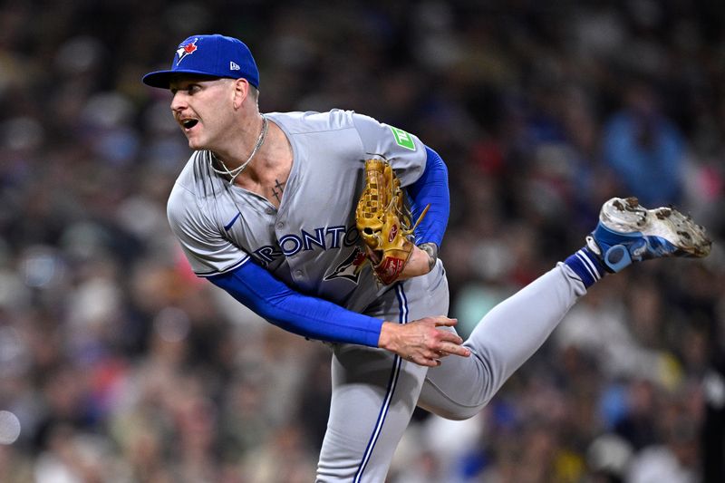 Apr 19, 2024; San Diego, California, USA; Toronto Blue Jays relief pitcher Bowden Francis (44) throws a pitch against the San Diego Padres during the sixth inning at Petco Park. Mandatory Credit: Orlando Ramirez-USA TODAY Sports 