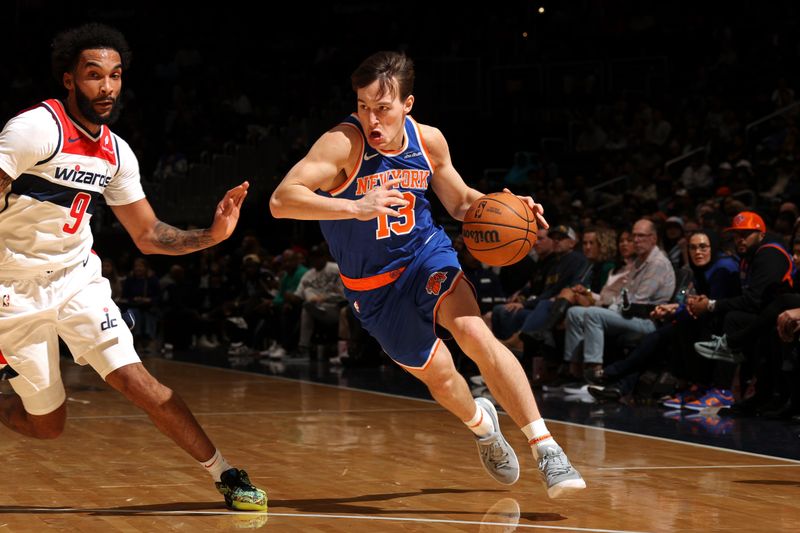 WASHINGTON, DC -? OCTOBER 18: Tyler Kolek #13 of the New York Knicks handles the ball during the game against the Washington Wizards on October 18, 2024 at Capital One Arena in Washington, DC. NOTE TO USER: User expressly acknowledges and agrees that, by downloading and or using this Photograph, user is consenting to the terms and conditions of the Getty Images License Agreement. Mandatory Copyright Notice: Copyright 2024 NBAE (Photo by Stephen Gosling/NBAE via Getty Images)