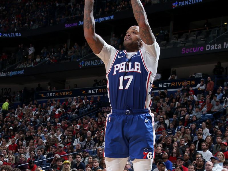 NEW ORLEANS, LA - DECEMBER 30: P.J. Tucker #17 of the Philadelphia 76ers shoots a three point basket during the game against the New Orleans Pelicans on December 30, 2022 at the Smoothie King Center in New Orleans, Louisiana. NOTE TO USER: User expressly acknowledges and agrees that, by downloading and or using this Photograph, user is consenting to the terms and conditions of the Getty Images License Agreement. Mandatory Copyright Notice: Copyright 2022 NBAE (Photo by Layne Murdoch Jr./NBAE via Getty Images)