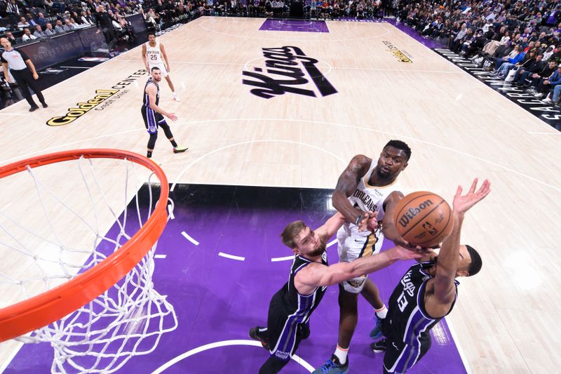 SACRAMENTO, CA - FEBRUARY 8:  Zion Williamson #1 of the New Orleans Pelicans drives to the basket during the game against the Sacramento Kings on February 8, 2025 at Golden 1 Center in Sacramento, California. NOTE TO USER: User expressly acknowledges and agrees that, by downloading and or using this Photograph, user is consenting to the terms and conditions of the Getty Images License Agreement. Mandatory Copyright Notice: Copyright 2025 NBAE (Photo by Rocky Widner/NBAE via Getty Images)