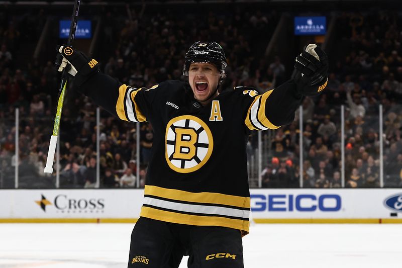 Jan 27, 2026; Boston, Massachusetts, USA; Boston Bruins defenseman Hampus Lindholm (27) celebrates his goal against the Nashville Predators during the first period at TD Garden. Mandatory Credit: Winslow Townson-Imagn Images