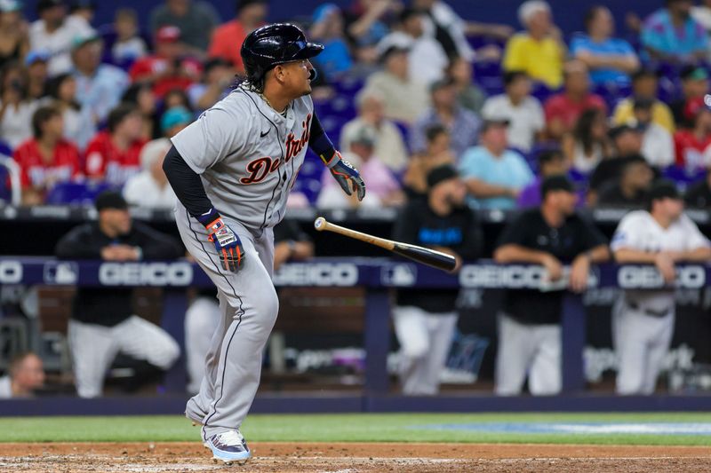 Jul 30, 2023; Miami, Florida, USA; Detroit Tigers designated hitter Miguel Cabrera (24) watches after hitting a two-run double against the Miami Marlins during the third inning at loanDepot Park. Mandatory Credit: Sam Navarro-USA TODAY Sports