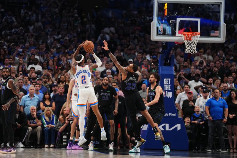 DALLAS, TX - MAY 18: Shai Gilgeous-Alexander #2 of the Oklahoma City Thunder shoots the ball during the game against the Dallas Mavericks during Round 2 Game 6 of the 2024 NBA Playoffs on May 18, 2024 at the American Airlines Center in Dallas, Texas. NOTE TO USER: User expressly acknowledges and agrees that, by downloading and or using this photograph, User is consenting to the terms and conditions of the Getty Images License Agreement. Mandatory Copyright Notice: Copyright 2024 NBAE (Photo by Cooper Neill/NBAE via Getty Images)