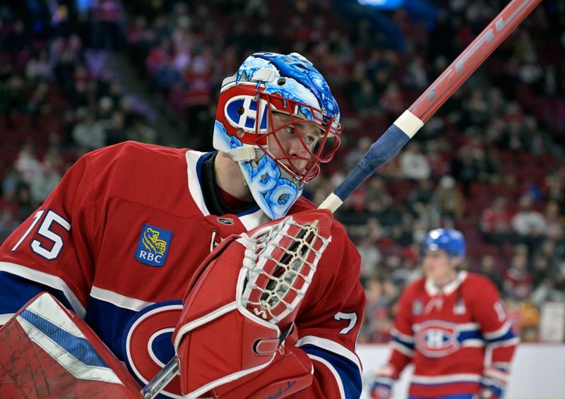 Jan 6, 2025; Montreal, Quebec, CAN; Montreal Canadiens goalie Jakub Dobes (75) skates during the warmup period before the game against the Vancouver Canucks at the Bell Centre. Mandatory Credit: Eric Bolte-Imagn Images