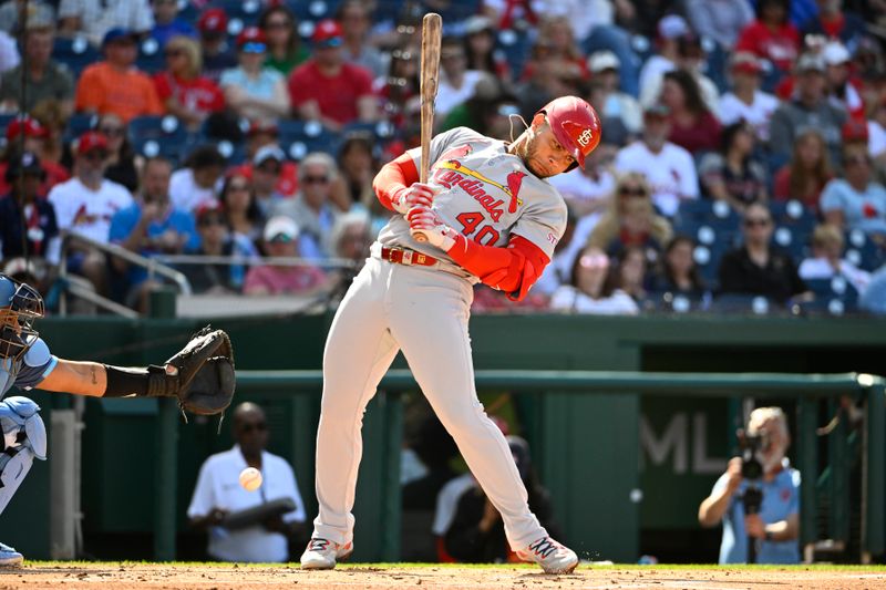 May 10, 2025; Washington, District of Columbia, USA; St. Louis Cardinals first baseman Willson Contreras (40) reacts after being hit by a pitch against the Washington Nationals during the second inning at Nationals Park. Mandatory Credit: Brad Mills-Imagn Images