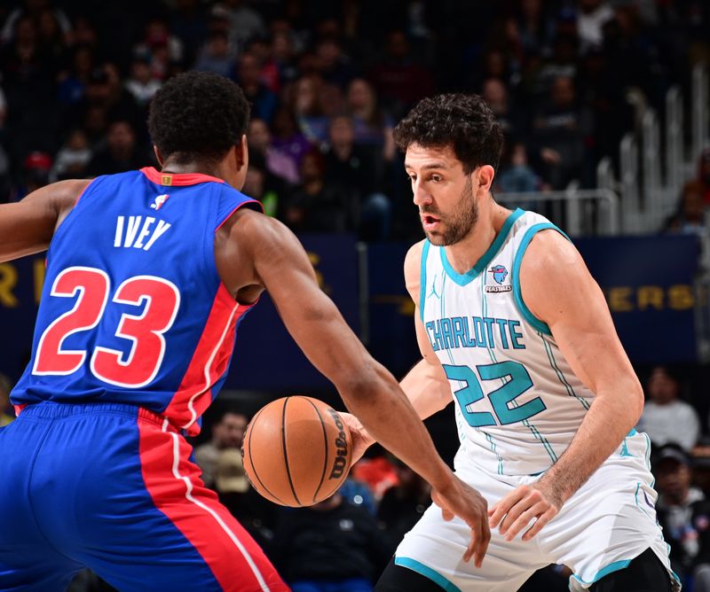 DETROIT, MI - MARCH 11: Vasilije Micic #22 of the Charlotte Hornets  dribbles the ball during the game against the Detroit Pistons  on March 11, 2024 at Little Caesars Arena in Detroit, Michigan. NOTE TO USER: User expressly acknowledges and agrees that, by downloading and/or using this photograph, User is consenting to the terms and conditions of the Getty Images License Agreement. Mandatory Copyright Notice: Copyright 2024 NBAE (Photo by Chris Schwegler/NBAE via Getty Images)