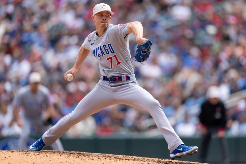 May 14, 2023; Minneapolis, Minnesota, USA; Chicago Cubs relief pitcher Keegan Thompson (71) pitches in the sixth inning against the Minnesota Twins at Target Field. Mandatory Credit: Matt Blewett-USA TODAY Sports