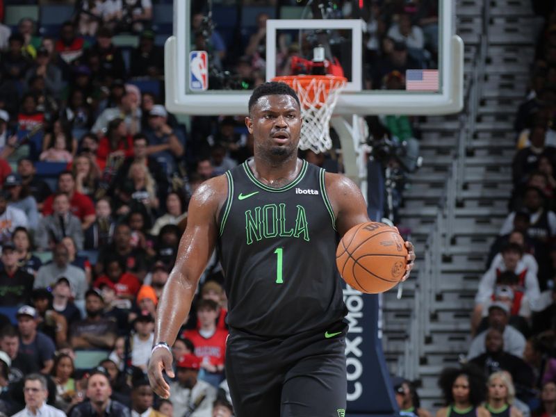 NEW ORLEANS, LA - MARCH 26: Zion Williamson #1 of the New Orleans Pelicans handles the ball during the game  on March 26, 2024 at the Smoothie King Center in New Orleans, Louisiana. NOTE TO USER: User expressly acknowledges and agrees that, by downloading and or using this Photograph, user is consenting to the terms and conditions of the Getty Images License Agreement. Mandatory Copyright Notice: Copyright 2024 NBAE (Photo by Jonathan Bachman/NBAE via Getty Images)