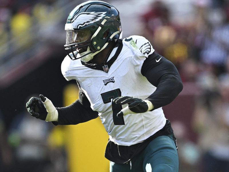 Philadelphia Eagles linebacker Haason Reddick (7) in action during the second half of an NFL football game against the Washington Commanders, Sunday, Oct. 29, 2023, in Landover, Md. (AP Photo/Terrance Williams)