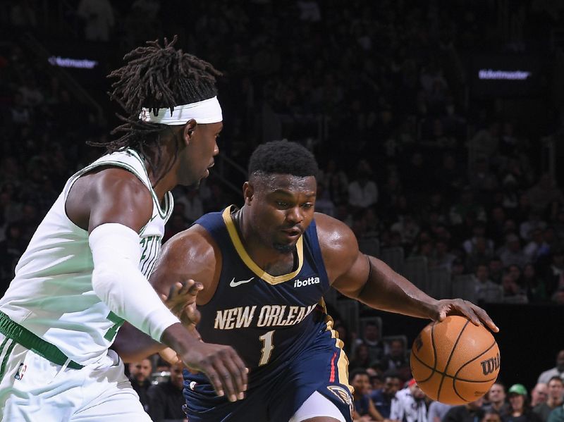 BOSTON, MA - JANUARY 29: Zion Williamson #1 of the New Orleans Pelicans handles the ball during the game against the Boston Celtics on January 29, 2024 at the TD Garden in Boston, Massachusetts. NOTE TO USER: User expressly acknowledges and agrees that, by downloading and or using this photograph, User is consenting to the terms and conditions of the Getty Images License Agreement. Mandatory Copyright Notice: Copyright 2024 NBAE  (Photo by Brian Babineau/NBAE via Getty Images)