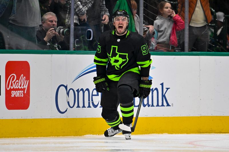 Jan 27, 2024; Dallas, Texas, USA; Dallas Stars center Matt Duchene (95) celebrates scoring a goal scored against the Washington Capitals during the third period at the American Airlines Center. Mandatory Credit: Jerome Miron-USA TODAY Sports