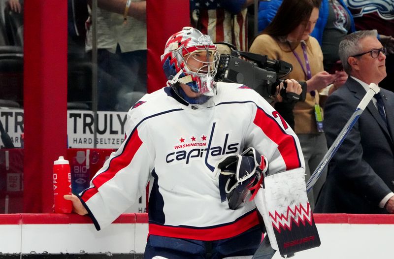 Jan 24, 2023; Denver, Colorado, USA; Washington Capitals goaltender Charlie Lindgren (79) warms up before the game against the Colorado Avalanche at Ball Arena. Mandatory Credit: Ron Chenoy-USA TODAY Sports