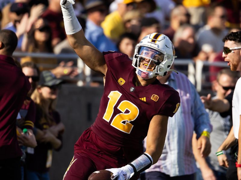 Nov 18, 2023; Tempe, Arizona, USA; Arizona State Sun Devils tight end Jalin Conyers (12) celebrates a play against the Oregon Ducks in the first half at Mountain America Stadium. Mandatory Credit: Mark J. Rebilas-USA TODAY Sports