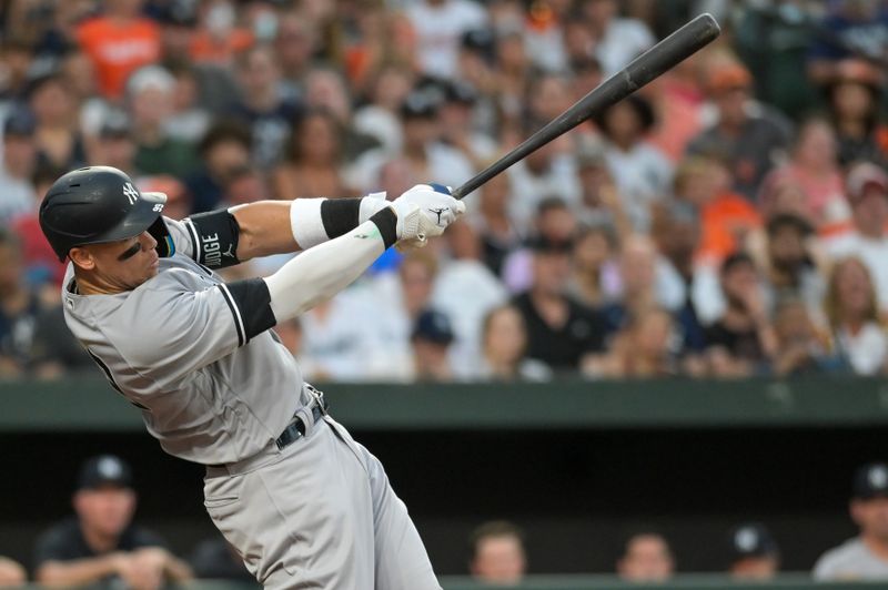 Jul 29, 2023; Baltimore, Maryland, USA;  New York Yankees right fielder Aaron Judge (99) swings through a two run home run in the third inning against the Baltimore Orioles at Oriole Park at Camden Yards. Mandatory Credit: Tommy Gilligan-USA TODAY Sports