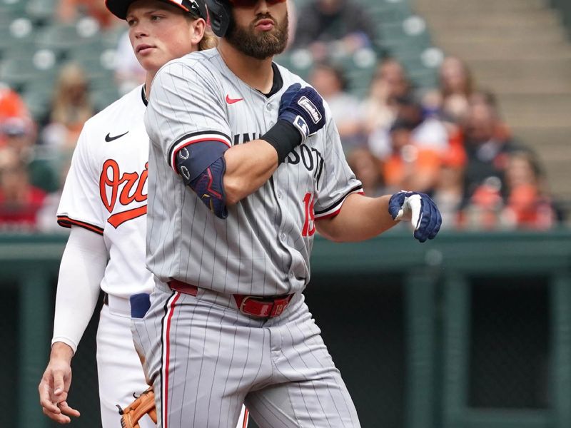 Apr 17, 2024; Baltimore, Maryland, USA; Minnesota Twins outfielder Alex Kirilloff (19) reacts following his double in the fourth inning against the Baltimore Orioles at Oriole Park at Camden Yards. Mandatory Credit: Mitch Stringer-USA TODAY Sports