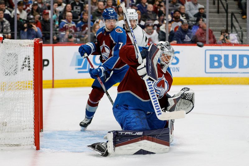 Jan 26, 2024; Denver, Colorado, USA; Colorado Avalanche goaltender Alexandar Georgiev (40) makes a save on a shot in the first period against the Los Angeles Kings at Ball Arena. Mandatory Credit: Isaiah J. Downing-USA TODAY Sports