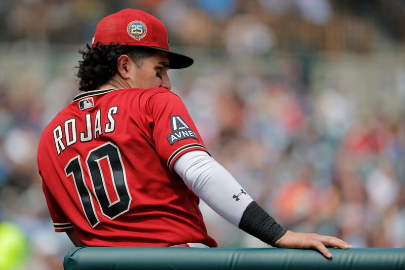 Jun 10, 2023; Detroit, Michigan, USA;  Arizona Diamondbacks third baseman Josh Rojas (10) watches from the dugout in the eighth inning against the Detroit Tigers at Comerica Park. Mandatory Credit: Rick Osentoski-USA TODAY Sports