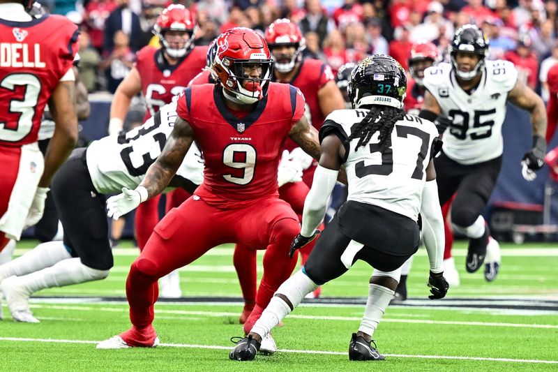 Houston Texans tight end Brevin Jordan (9) in action during an NFL football game against the Jacksonville Jaguars, Sunday, Nov 26, 2023, in Houston. (AP Photo/Maria Lysaker)