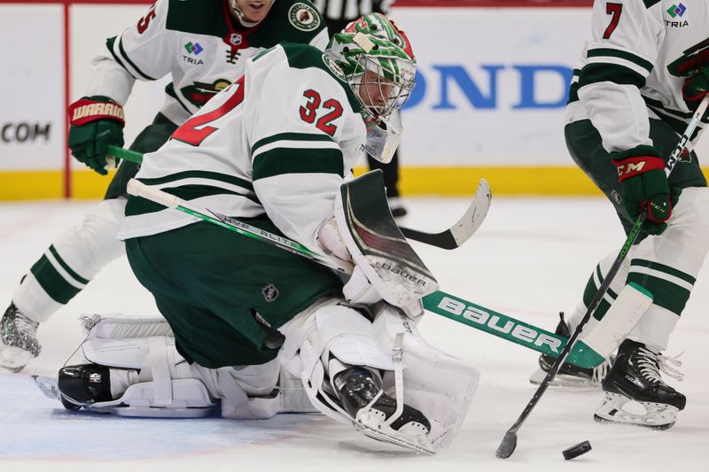 Jan 19, 2024; Sunrise, Florida, USA; Minnesota Wild goaltender Filip Gustavsson (32) defends his net against the Florida Panthers during the second period at Amerant Bank Arena. Mandatory Credit: Sam Navarro-USA TODAY Sports