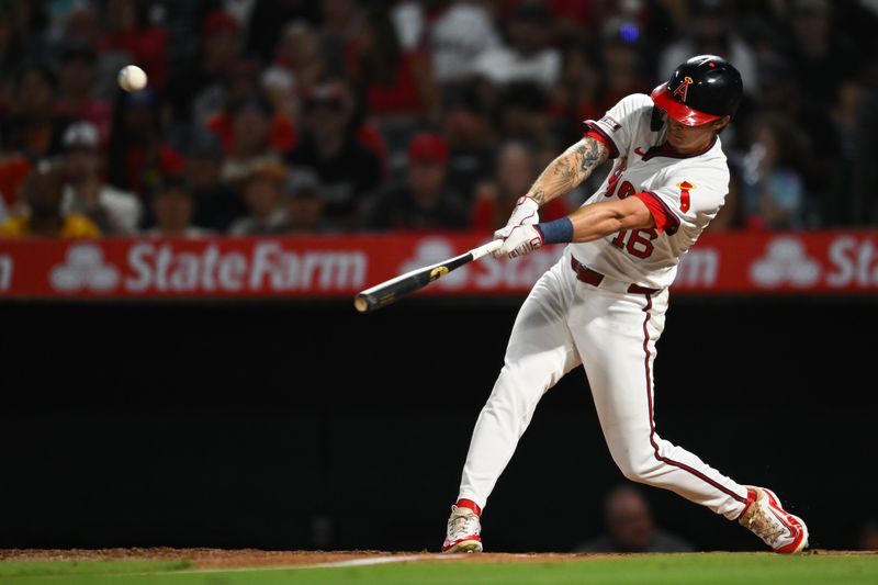 Jul 27, 2024; Anaheim, California, USA; Los Angeles Angels outfielder Mickey Moniak (16) flies out against the Oakland Athletics during the seventh inning at Angel Stadium. Mandatory Credit: Jonathan Hui-USA TODAY Sports