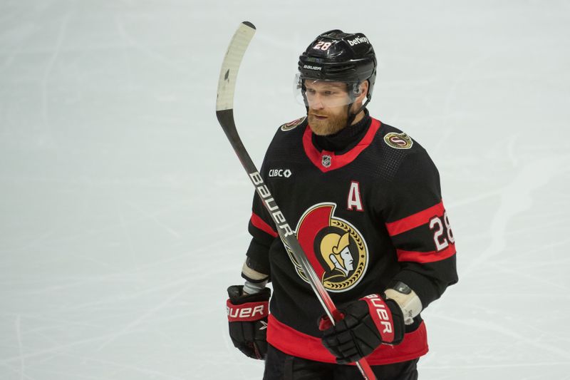 Nov 4, 2023; Ottawa, Ontario, CAN; Ottawa Senators right wing Claude Giroux (28) skates to the bench in the third period against the Tampa Bay Lightning at the Canadian Tire Centre. Mandatory Credit: Marc DesRosiers-USA TODAY Sports