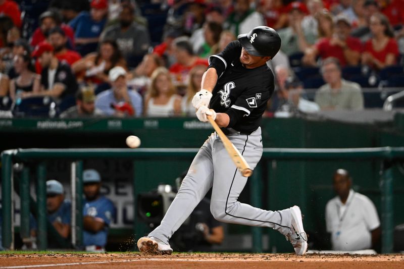 Sep 26, 2025; Washington, District of Columbia, USA; Chicago White Sox designated hitter Kyle Teel (8) hits a RBI single against the Washington Nationals during the fourth inning at Nationals Park. Mandatory Credit: Brad Mills-Imagn Images