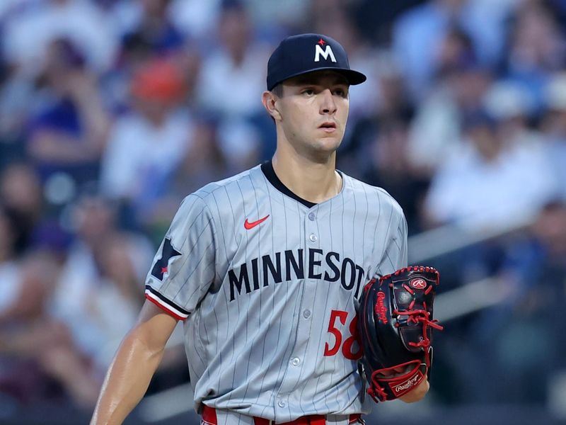 Jul 30, 2024; New York City, New York, USA; Minnesota Twins starting pitcher David Festa (58) reacts after a balk during the fourth inning against the New York Mets at Citi Field. Mandatory Credit: Brad Penner-USA TODAY Sports