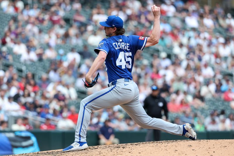 May 25, 2025; Minneapolis, Minnesota, USA; Kansas City Royals pitcher Taylor Clarke (45) delivers a pitch against the Minnesota Twins during the tenth inning at Target Field. Mandatory Credit: Matt Krohn-Imagn Images