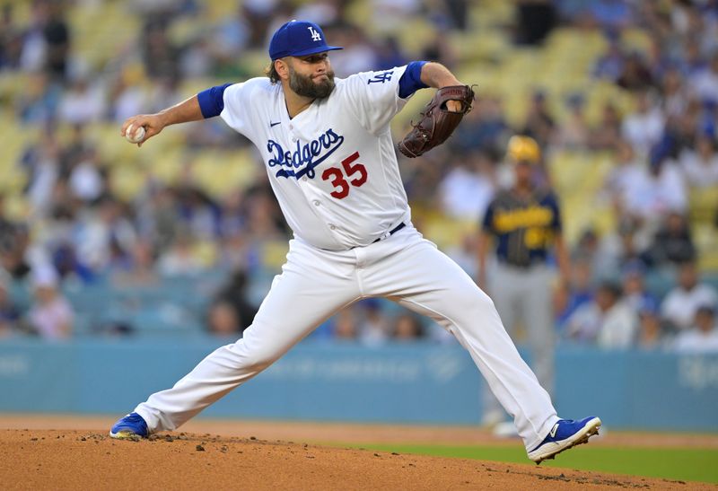Aug 17, 2023; Los Angeles, California, USA;  Los Angeles Dodgers starting pitcher Lance Lynn (35) throws to the plate in the first inning against the Milwaukee Brewers at Dodger Stadium. Mandatory Credit: Jayne Kamin-Oncea-USA TODAY Sports