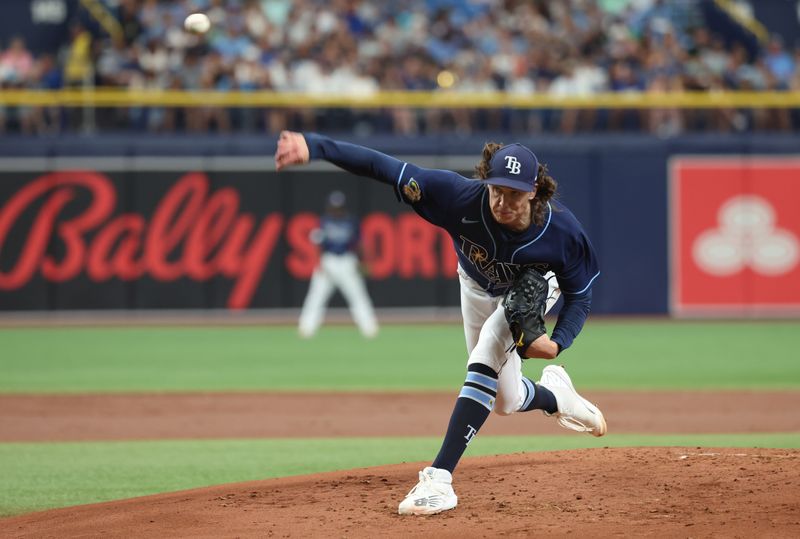 May 27, 2023; St. Petersburg, Florida, USA;  Tampa Bay Rays starting pitcher Tyler Glasnow (20) throws a pitch during the second inning against the Los Angeles Dodgers at Tropicana Field. Mandatory Credit: Kim Klement-USA TODAY Sports