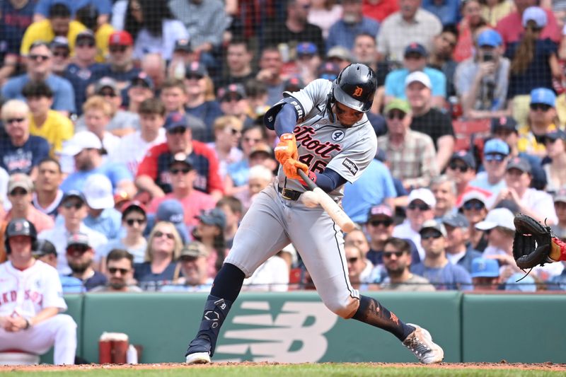 Jun 2, 2024; Boston, Massachusetts, USA;  Detroit Tigers right fielder Wenceel Perez (46) hits an RBI double against the Boston Red Sox during the seventh inning at Fenway Park. Mandatory Credit: Eric Canha-USA TODAY Sports