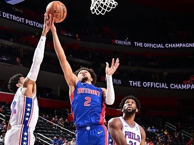 DETROIT, MI - DECEMBER 13: Cade Cunningham #2 of the Detroit Pistons drives to the basket during the game against the Philadelphia 76ers on December 13, 2023 at Little Caesars Arena in Detroit, Michigan. NOTE TO USER: User expressly acknowledges and agrees that, by downloading and/or using this photograph, User is consenting to the terms and conditions of the Getty Images License Agreement. Mandatory Copyright Notice: Copyright 2023 NBAE (Photo by Chris Schwegler/NBAE via Getty Images)