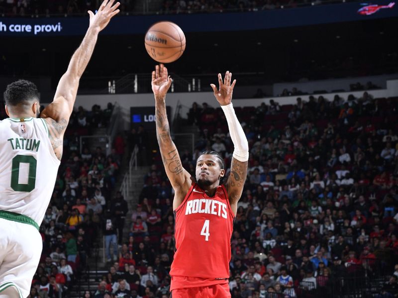 HOUSTON, TX - JANUARY 3:  Jalen Green #4 of the Houston Rockets shoots the ball during the game against the Boston Celtics on January 3, 2025 at the Toyota Center in Houston, Texas. NOTE TO USER: User expressly acknowledges and agrees that, by downloading and or using this photograph, User is consenting to the terms and conditions of the Getty Images License Agreement. Mandatory Copyright Notice: Copyright 2025 NBAE (Photo by Logan Riely/NBAE via Getty Images)