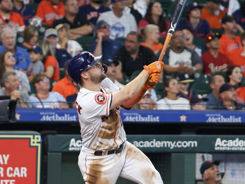 Aug 2, 2023; Houston, Texas, USA; Houston Astros center fielder Chas McCormick (20) hits a home run against the Cleveland Guardians in the sixth inning at Minute Maid Park. Mandatory Credit: Thomas Shea-USA TODAY Sports