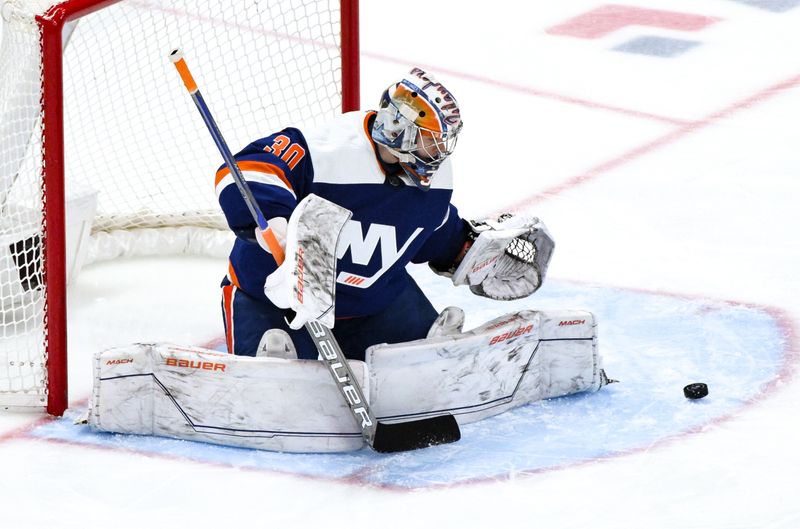 Dec 9, 2023; Elmont, New York, USA; New York Islanders goaltender Ilya Sorokin (30) makes a save against the Los Angeles Kings during the third period at UBS Arena. Mandatory Credit: John Jones-USA TODAY Sports