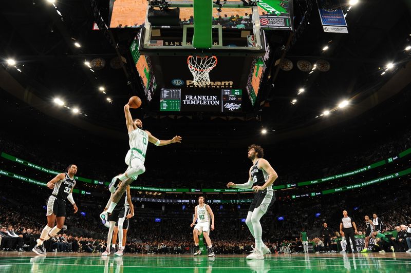 BOSTON, MA - JANUARY 17: Jayson Tatum #0 of the Boston Celtics dunks the ball during the game against the San Antonio Spurs on January 17, 2024 at the TD Garden in Boston, Massachusetts. NOTE TO USER: User expressly acknowledges and agrees that, by downloading and or using this photograph, User is consenting to the terms and conditions of the Getty Images License Agreement. Mandatory Copyright Notice: Copyright 2024 NBAE  (Photo by Brian Babineau/NBAE via Getty Images)