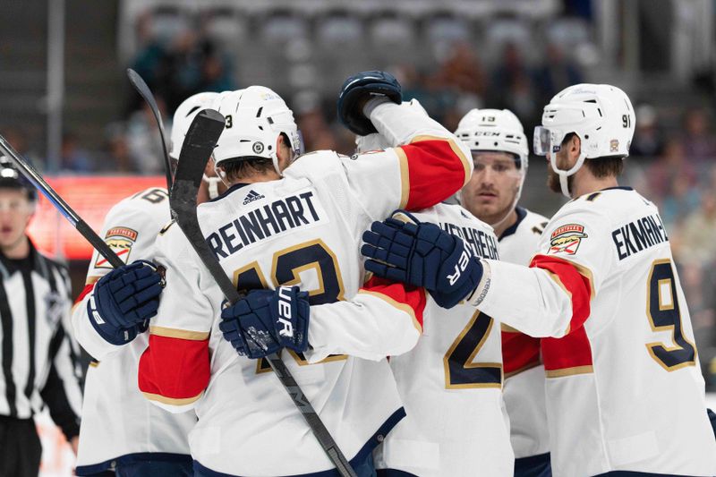 Nov 14, 2023; San Jose, California, USA; Florida Panthers center Sam Reinhart (13) celebrates with the team during the third period against the San Jose Sharks at SAP Center at San Jose. Mandatory Credit: Stan Szeto-USA TODAY Sports