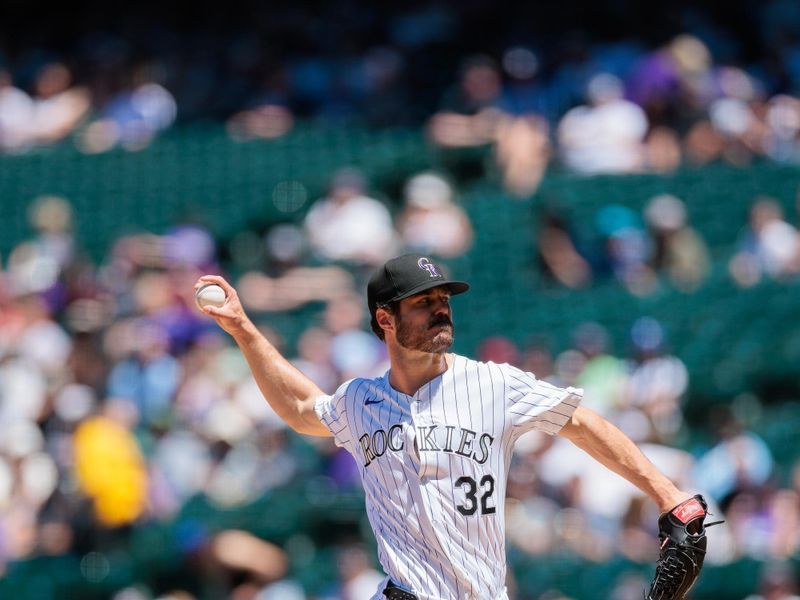 Jun 5, 2024; Denver, Colorado, USA; Colorado Rockies starting pitcher Dakota Hudson (32) delivers a pitch against the Cincinnati Reds during the third inning at Coors Field. Mandatory Credit: Andrew Wevers-USA TODAY Sports