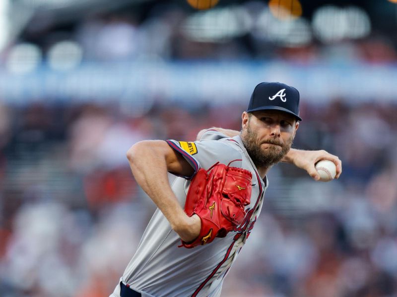 Aug 12, 2024; San Francisco, California, USA; Atlanta Braves pitcher Chris Sale (51) throws a pitch during the first inning against the San Francisco Giants at Oracle Park. Mandatory Credit: Sergio Estrada-USA TODAY Sports