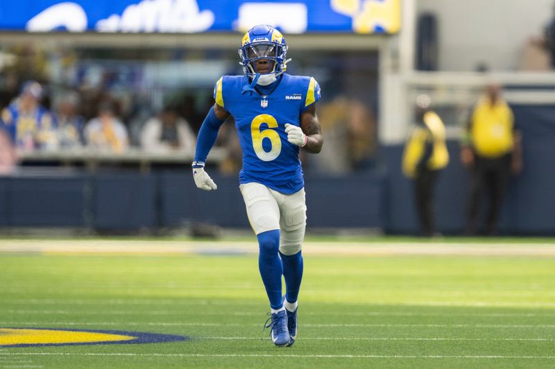 Los Angeles Rams cornerback Tre Tomlinson (6) runs during an NFL football game against the Pittsburgh Steelers, Sunday, Oct. 22, 2023, in Inglewood, Calif. (AP Photo/Kyusung Gong)