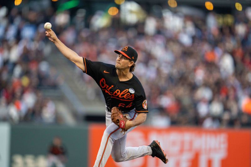 Jun 2, 2023; San Francisco, California, USA; Baltimore Orioles starting pitcher Dean Kremer (64) delivers a pitch against the San Francisco Giants during the first inning at Oracle Park. Mandatory Credit: Neville E. Guard-USA TODAY Sports