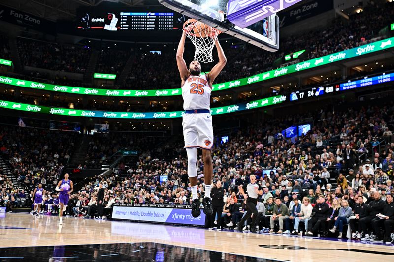 SALT LAKE CITY, UT - NOVEMBER 23: Mikal Bridges #25 of the New York Knicks dunks the ball during the game against the Utah Jazz on November 23, 2024 at Delta Center in Salt Lake City, Utah. NOTE TO USER: User expressly acknowledges and agrees that, by downloading and or using this Photograph, User is consenting to the terms and conditions of the Getty Images License Agreement. Mandatory Copyright Notice: Copyright 2024 NBAE (Photo by Jamie Sabau/NBAE via Getty Images)