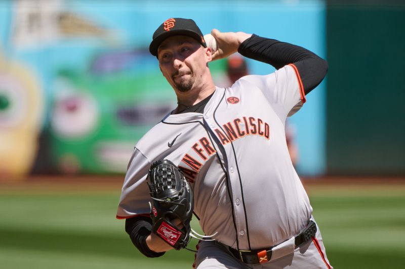 Aug 18, 2024; Oakland, California, USA; San Francisco Giants starting pitcher Blake Snell (7) throws a pitch against the Oakland Athletics during the first inning at Oakland-Alameda County Coliseum. Mandatory Credit: Robert Edwards-USA TODAY Sports