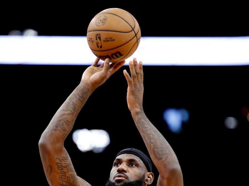 HOUSTON, TEXAS - NOVEMBER 08: LeBron James #23 of the Los Angeles Lakers warms up prior to facing the Houston Rockets at Toyota Center on November 08, 2023 in Houston, Texas. NOTE TO USER: User expressly acknowledges and agrees that, by downloading and or using this photograph, User is consenting to the terms and conditions of the Getty Images License Agreement.? (Photo by Carmen Mandato/Getty Images)