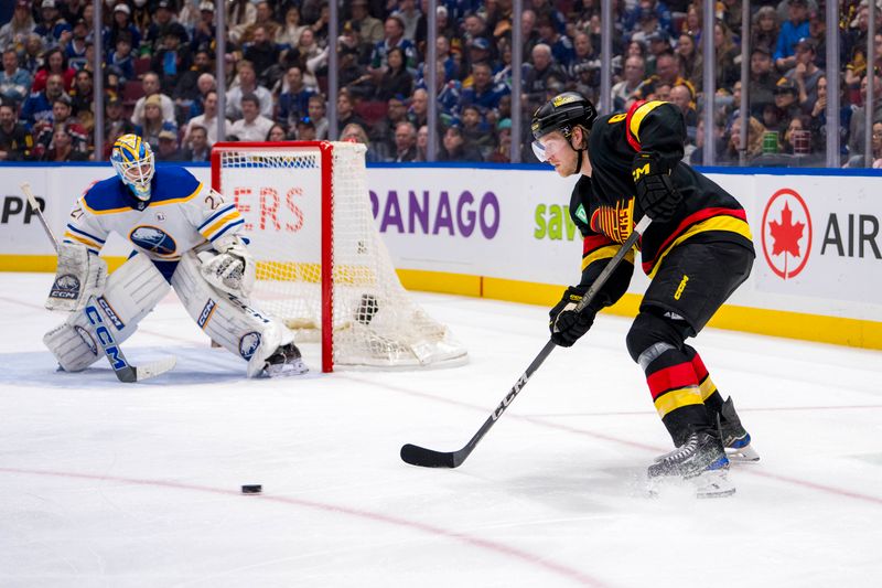 Mar 19, 2024; Vancouver, British Columbia, CAN; Buffalo Sabres goalie Devon Levi (27) watches as Vancouver Canucks forward Brock Boeser (6) handles the puck in the third period at Rogers Arena. Vancouver won 3 -2. Mandatory Credit: Bob Frid-USA TODAY Sports