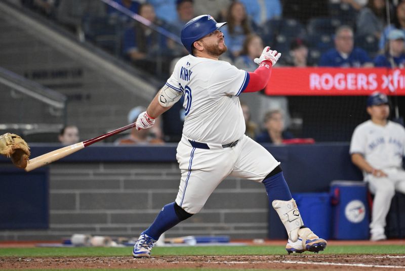 May 14, 2025; Toronto, Ontario, CAN;  Toronto Blue Jays catcher Alejandro Kirk (30) hits a three run home run against the Tampa Bay Rays in the sixth inning at Rogers Centre. Mandatory Credit: Dan Hamilton-Imagn Images