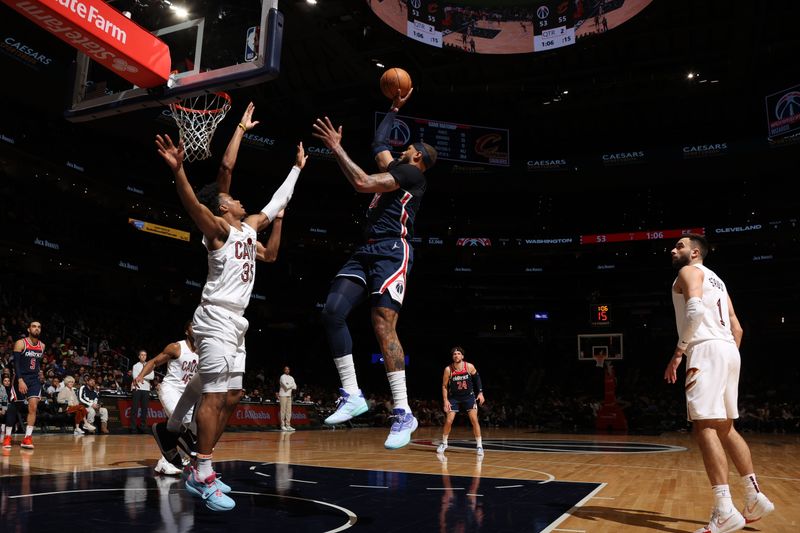 WASHINGTON, DC -? FEBRUARY 7: Daniel Gafford #21 of the Washington Wizards shoots the ball during the game against the Cleveland Cavaliers on February 7, 2024 at Capital One Arena in Washington, DC. NOTE TO USER: User expressly acknowledges and agrees that, by downloading and or using this Photograph, user is consenting to the terms and conditions of the Getty Images License Agreement. Mandatory Copyright Notice: Copyright 2024 NBAE (Photo by Stephen Gosling/NBAE via Getty Images)